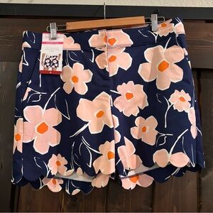 NWT Isaac Mizrahi Navy and Pink Floral High Waist Scalloped Hem Shorts 14